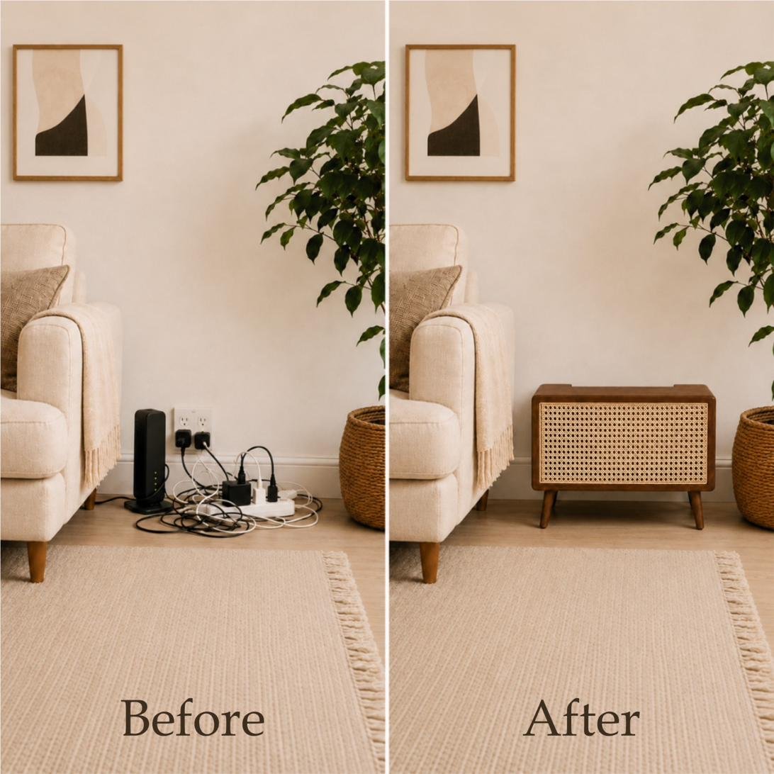 Before and after: exposed router and cable clutter in a corner, then the same corner calm with the KAKURE cabinet closed
