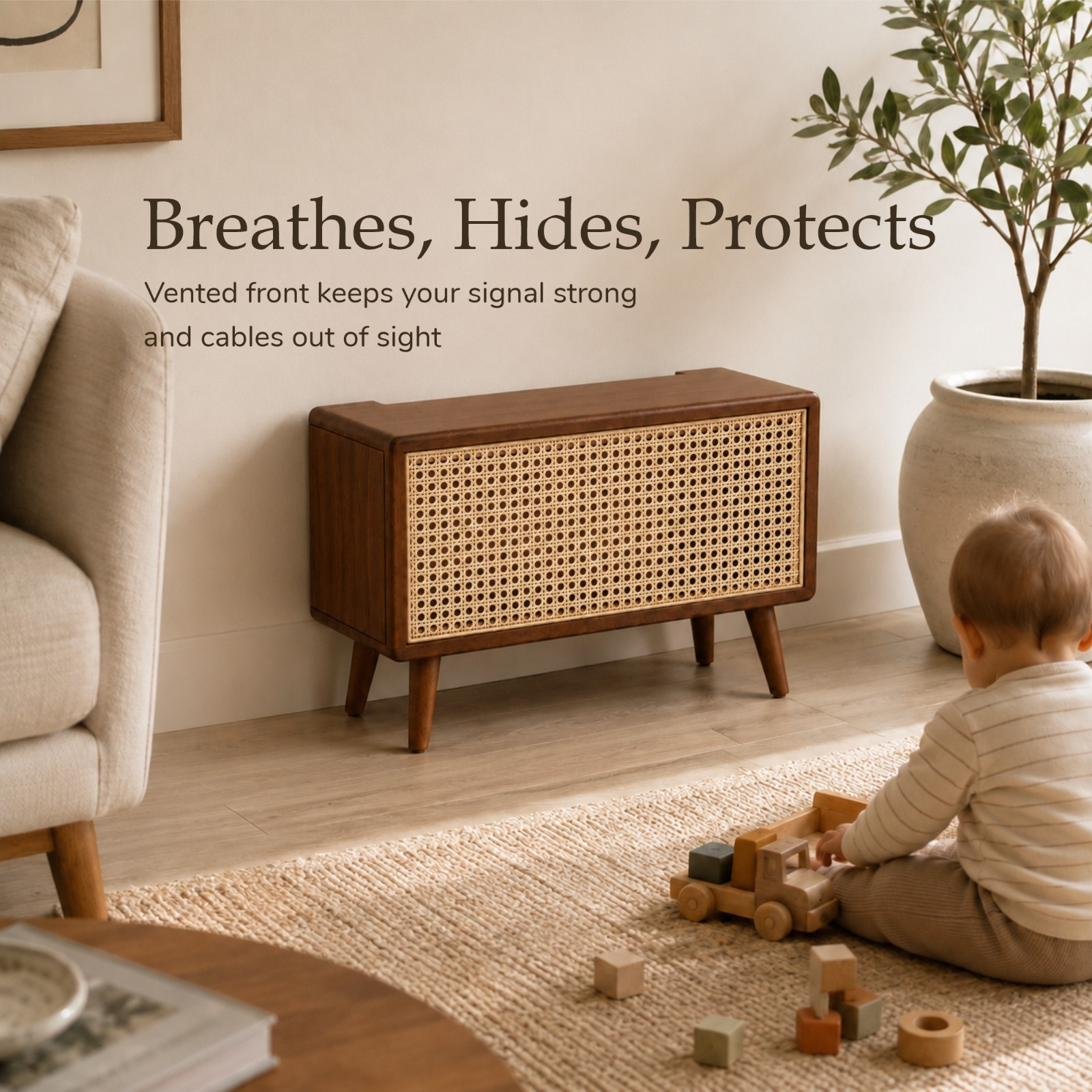 KAKURE in a family living room — the vented cane front keeps the Wi-Fi signal strong and cables away from a playing child